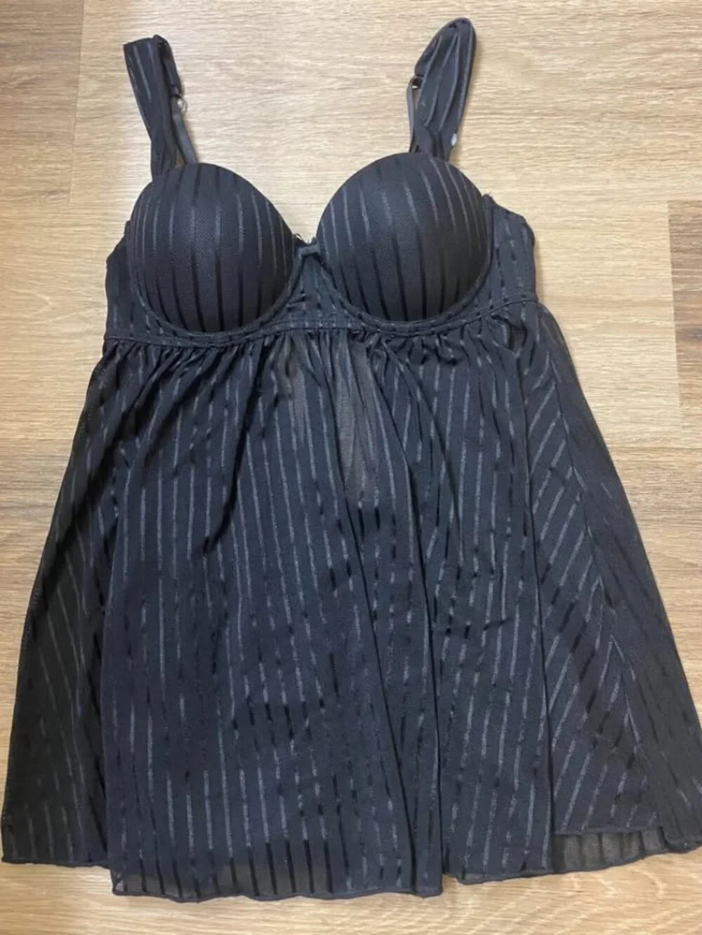 Black Pinstripe Sheer Mesh Underwire Babydoll – Size Medium